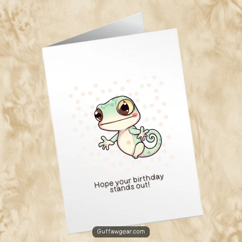 Funny Free Printable Birthday Card: Chameleon failing to blend with polka dots, a hilarious downloadable gift.