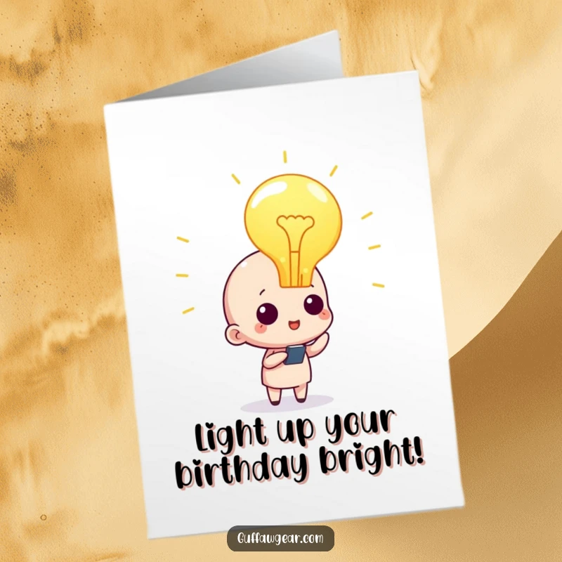 Funny Free Printable Birthday Card featuring a character with a giant lightbulb above its head, signifying a bright idea, a downloadable gift.