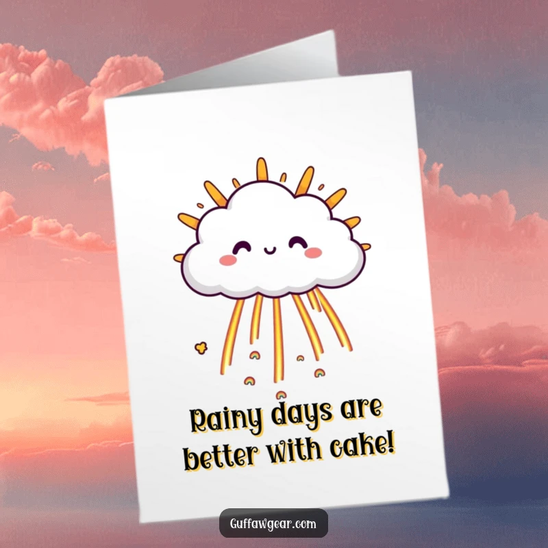 Funny Free Printable Birthday Card: Happy cloud character raining tiny rainbows onto a grumpy sun, a cheerful birthday wish.