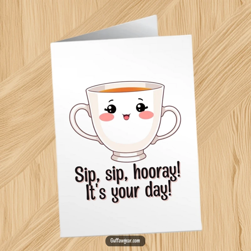 Funny Free Printable Birthday Card: A teacup with a face hilariously tries to drink its own handle.