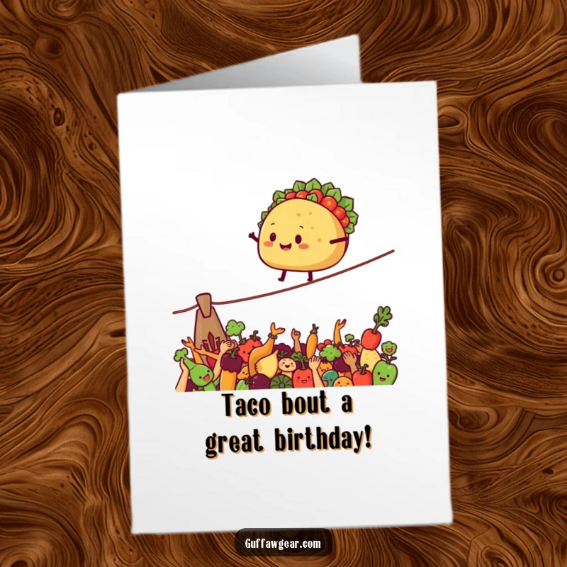 Funny Free Printable Birthday Card: A smiling taco expertly balances on a tightrope above cheering vegetables, a daring celebration.