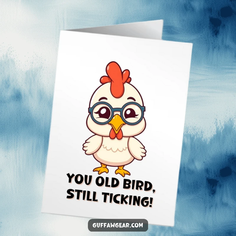 Funny free printable birthday card: rubber chicken with monocle comically winking, ready to deliver hilarious greetings at home.