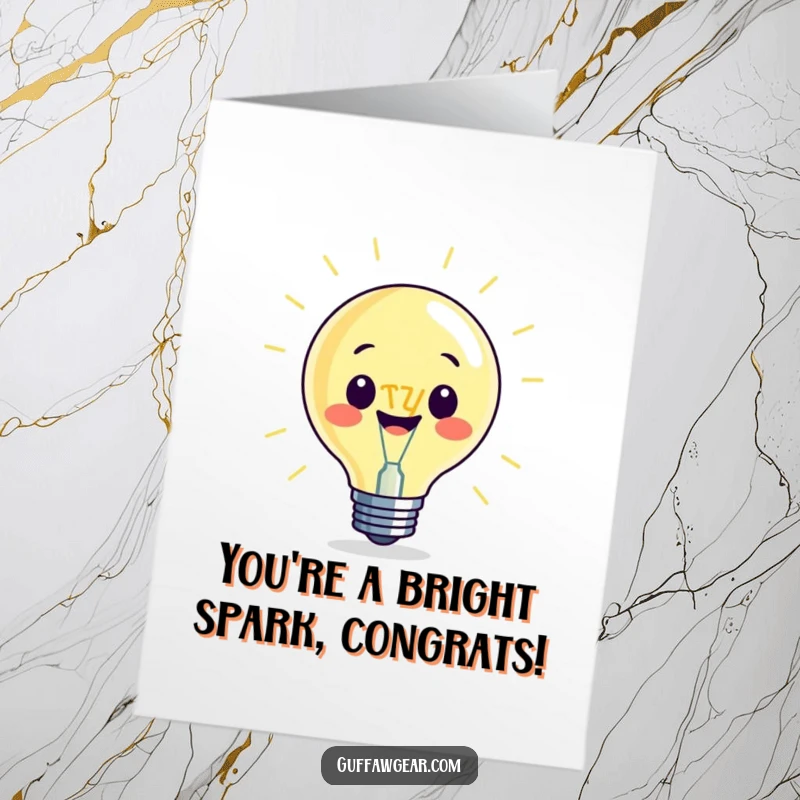 Funny Free Printable Congratulations Card: A glowing lightbulb character with an oversized filament symbolizes a brilliant idea.
