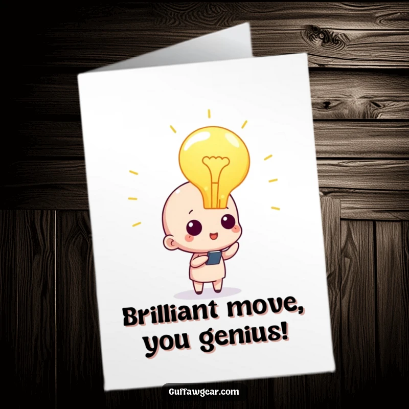 Funny Free Printable Congratulations Card showing a character with a glowing lightbulb, representing a great idea, a downloadable gift.