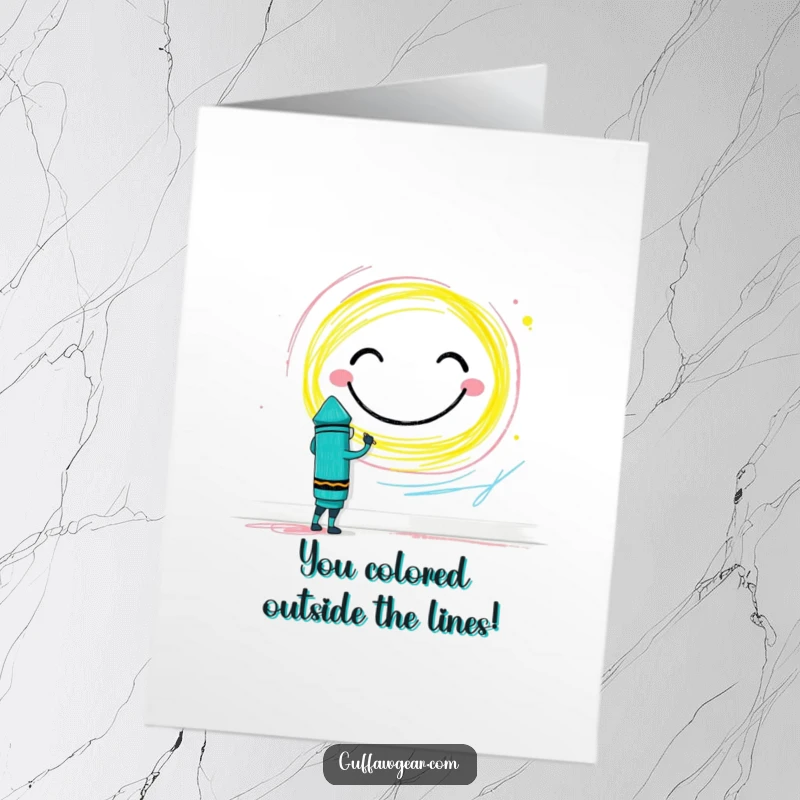 Funny Free Printable Congrats Card: Brave crayon character proudly drawing a giant smiley face on a wall, celebrating success.