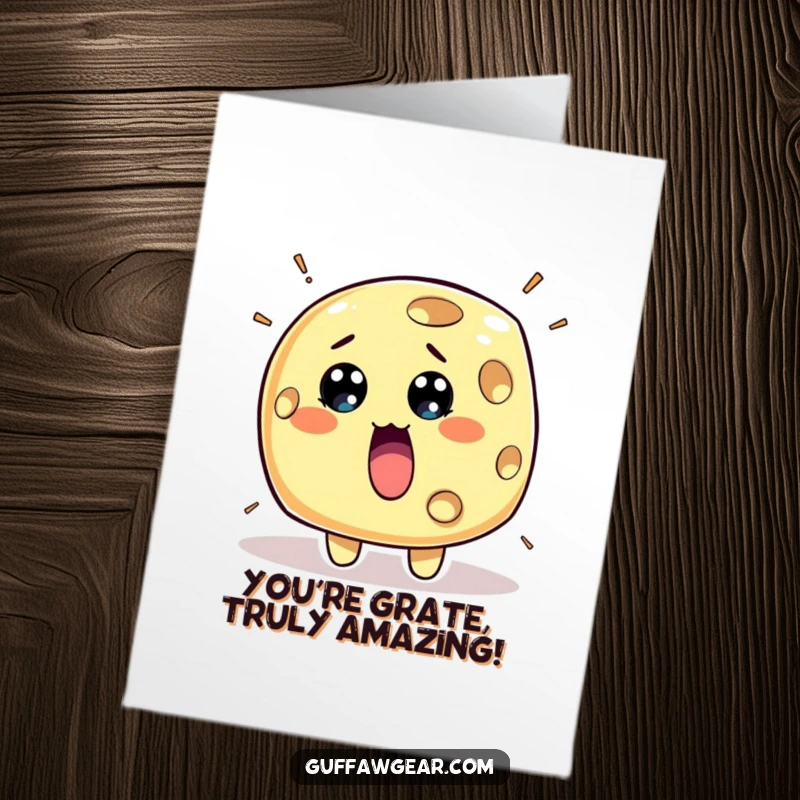 Funny Free Printable Congrats Card: Surprised piece of cheese character with holes rapidly forming, a humorous congratulatory moment.