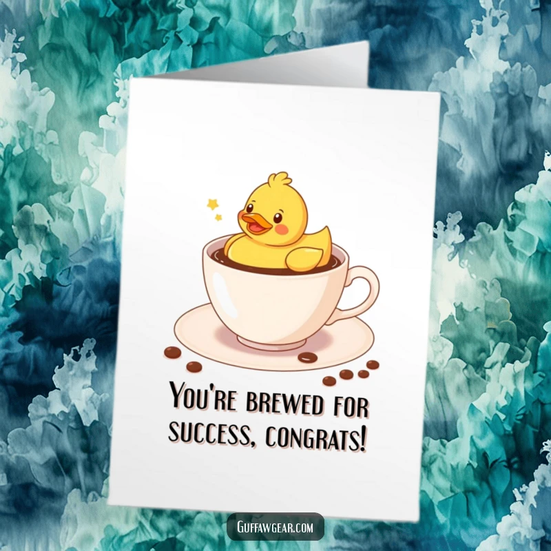 Funny Free Printable Congrats Card: Kawaii rubber duck floating merrily in a teacup of coffee, celebrating.