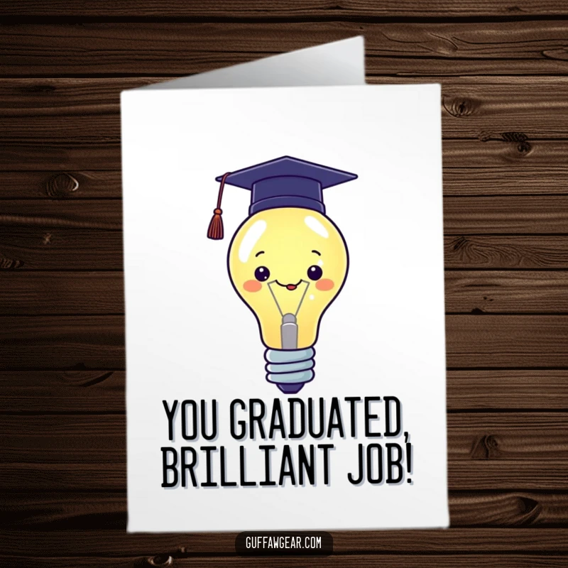 Funny Free Printable Congrats Card: Proud Kawaii lightbulb with a graduation cap signifies brilliant academic accomplishment.