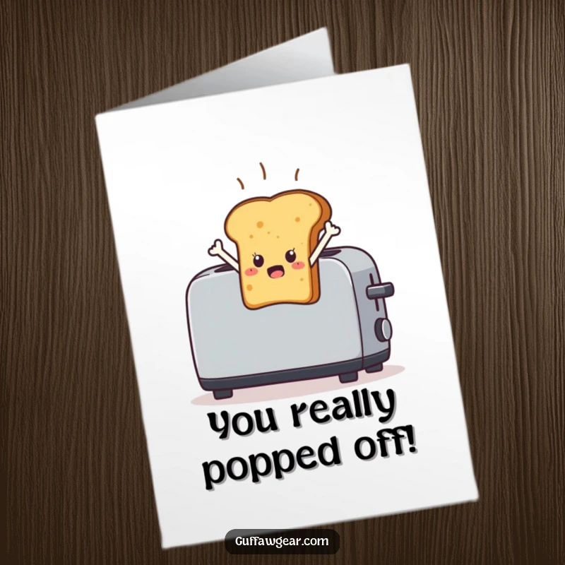 Funny Free Printable Congrats Card: Startled piece of toast character leaping high out of a toaster, a surprising moment of victory.