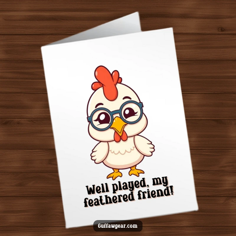 Funny free printable congratulations card: a rubber chicken sporting a monocle, winking cheekily to celebrate achievements.