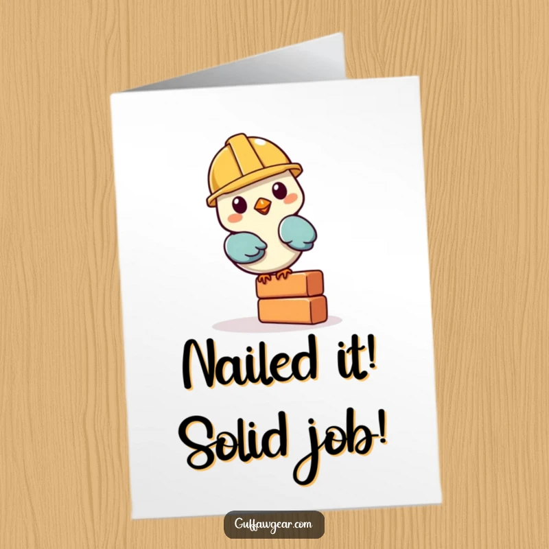 Funny Free Printable Congrats Card: Bird with hard hat balancing a brick, a hilarious downloadable gift.
