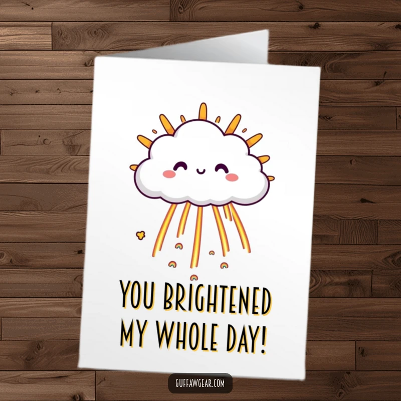 Funny Free Printable Congrats Card: Happy cloud character raining tiny rainbows onto a grumpy sun, a glorious congratulatory scene.