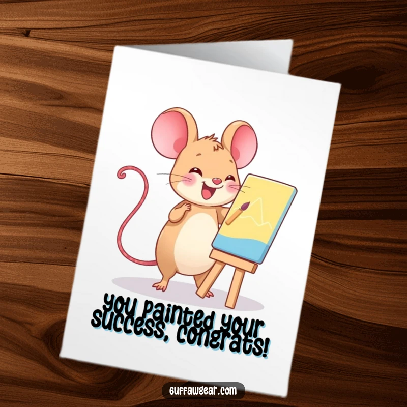 Funny Free Printable Congrats Card: Kawaii computer mouse joyfully painting a masterpiece, celebrating success.