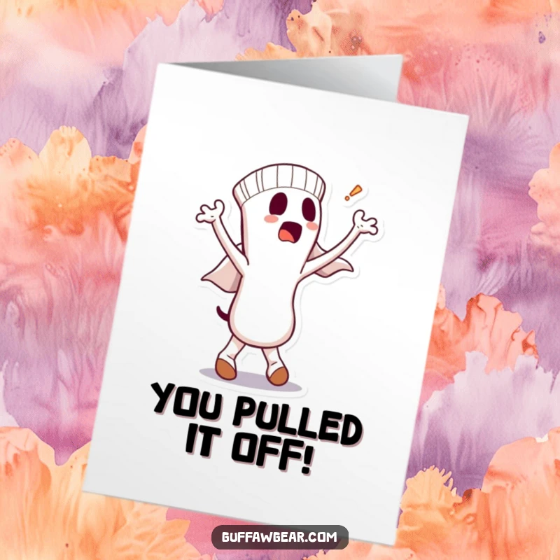 Funny Free Printable Congratulations Card: A dancing sock with a confused ghost, perfect for celebrating any funny achievement.