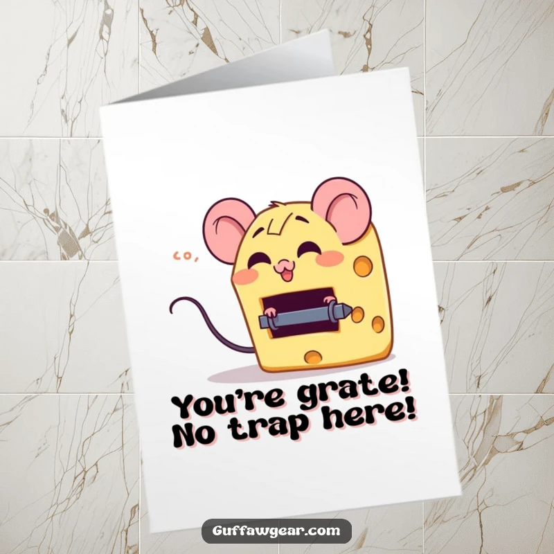 Funny Free Printable Congratulations Card: A laughing cheese character narrowly escapes a small mouse trap.