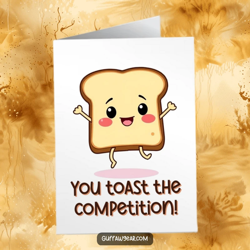 Funny free printable congratulations card: a slice of toast with legs caught mid-frantic dance, celebrating a happy occasion.