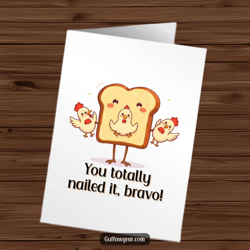 Funny Free Printable Congratulations Card: A toast with legs energetically juggling three rubber chickens to mark an achievement.