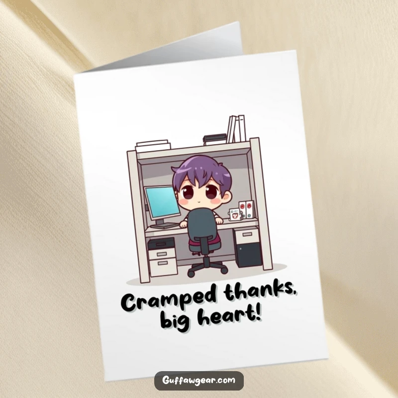 Funny Free Printable Thank You Card showing a character impossibly fitting into a tiny office cubicle, a unique downloadable gift.
