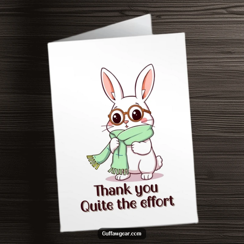 Funny Free Printable Thank You Card: Rabbit knitting an extremely long scarf, a funny token of appreciation.