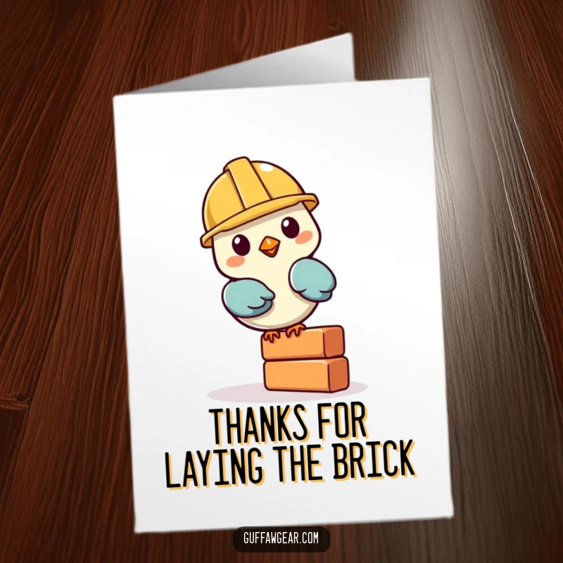 Funny Free Printable Thank You Card: Bird in helmet wobbling a brick, a superb downloadable gift.