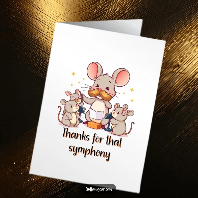 Funny Free Printable Thank You Card: Mouse with big mustache leading toys, a funny downloadable gift.