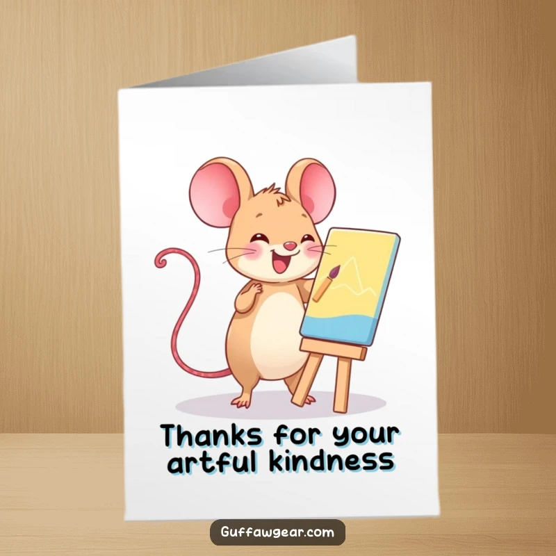 Funny Free Printable Thank You Card: Kawaii computer mouse happily painting a masterpiece, expressing thanks.