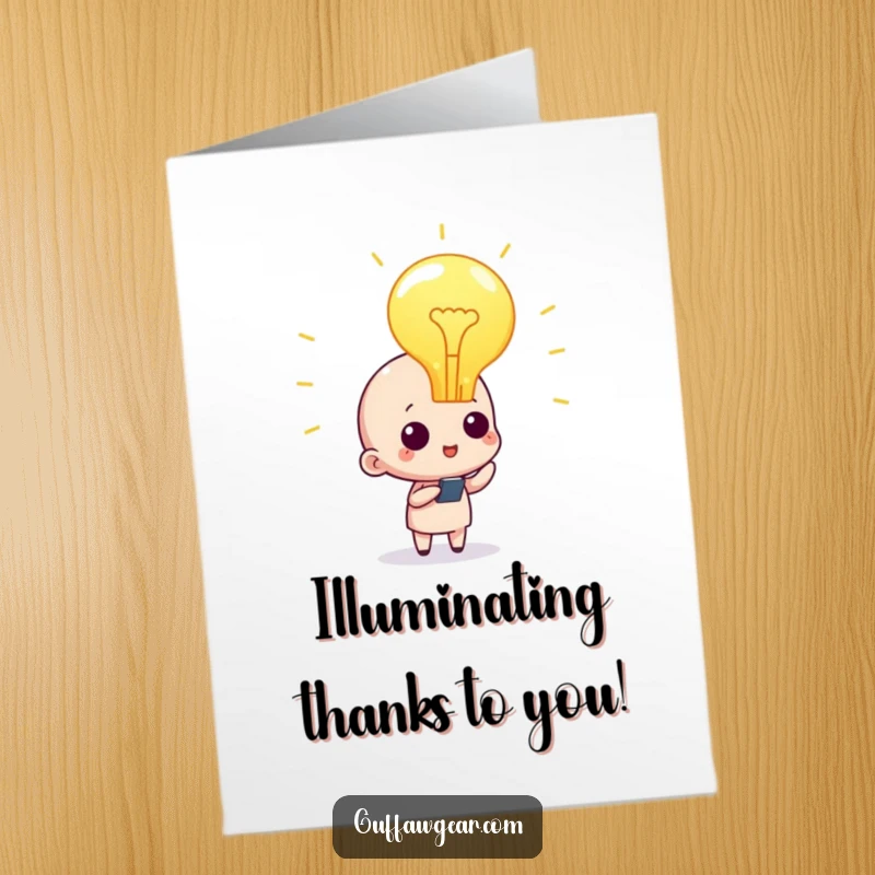Funny Free Printable Thank You Card featuring a character with a lit lightbulb, symbolizing a great thought, a downloadable gift.