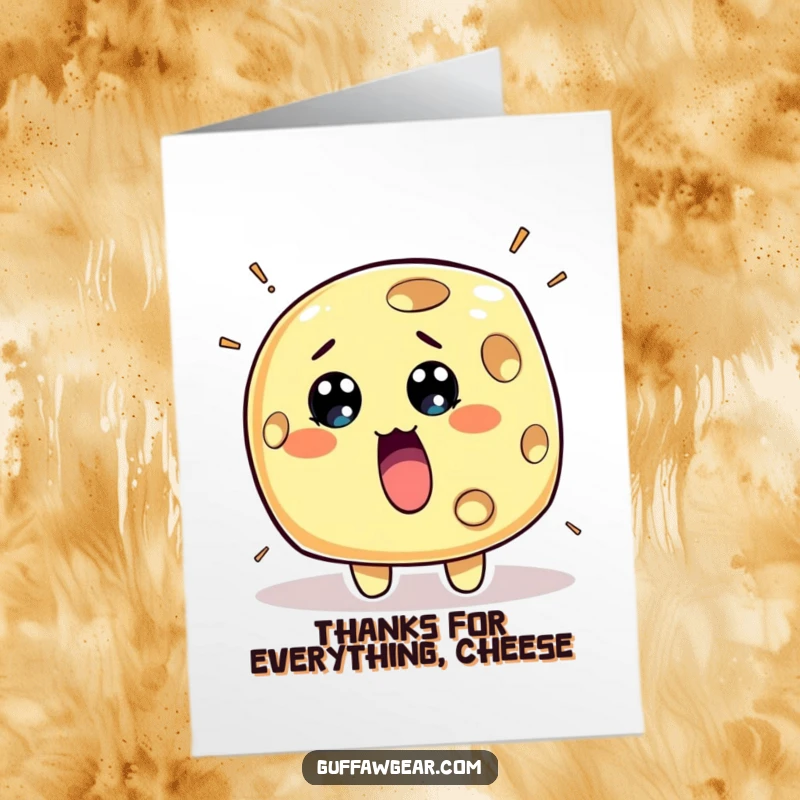 Funny Free Printable Thanks Card: Surprised piece of cheese character with holes appearing fast, a funny way to say thanks.
