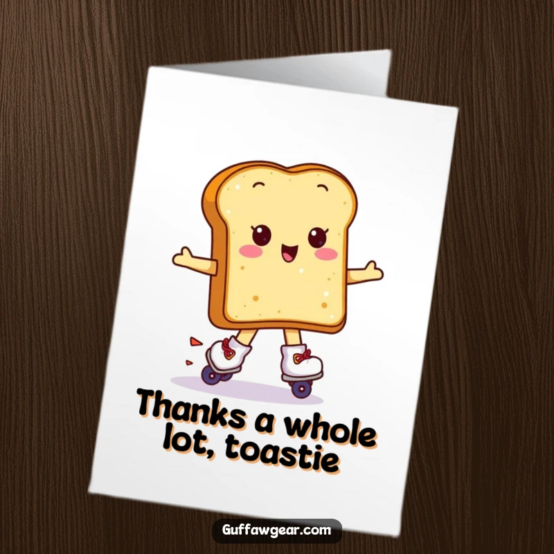 Funny Free Printable Thank You Card: Kawaii toast on roller skates attempting a spin, sending thanks.