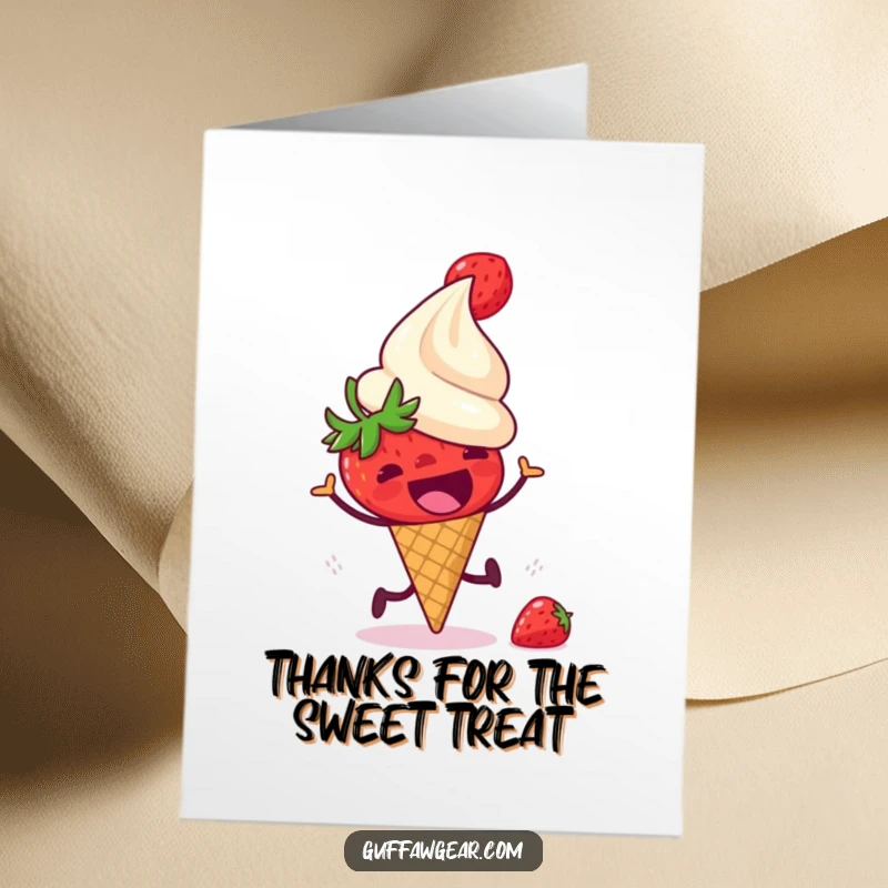 Funny free printable thank you card: a startled strawberry runs from a laughing ice cream cone, a whimsical downloadable art.