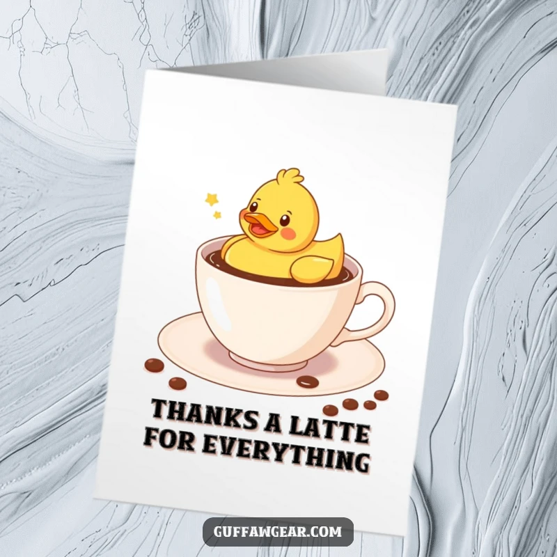 Funny Free Printable Thank You Card: Kawaii rubber duck floating merrily in a teacup of coffee, sending thanks.