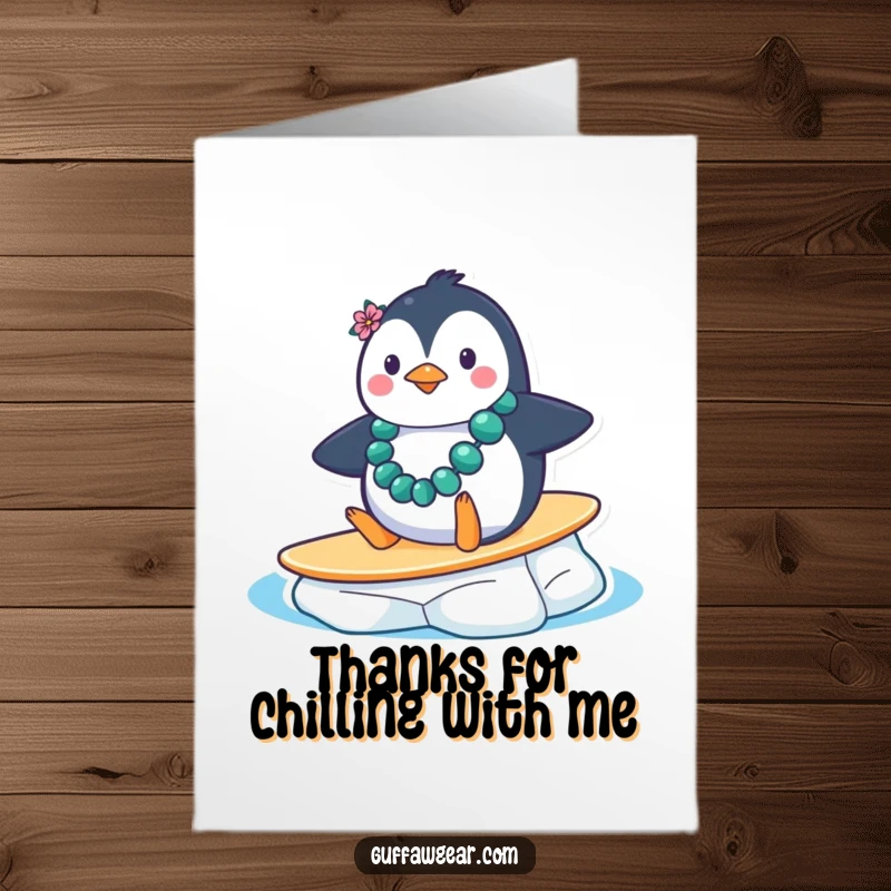 Funny Free Printable Thank You Card: Penguin with lei sliding on ice floe, a funny downloadable gift.