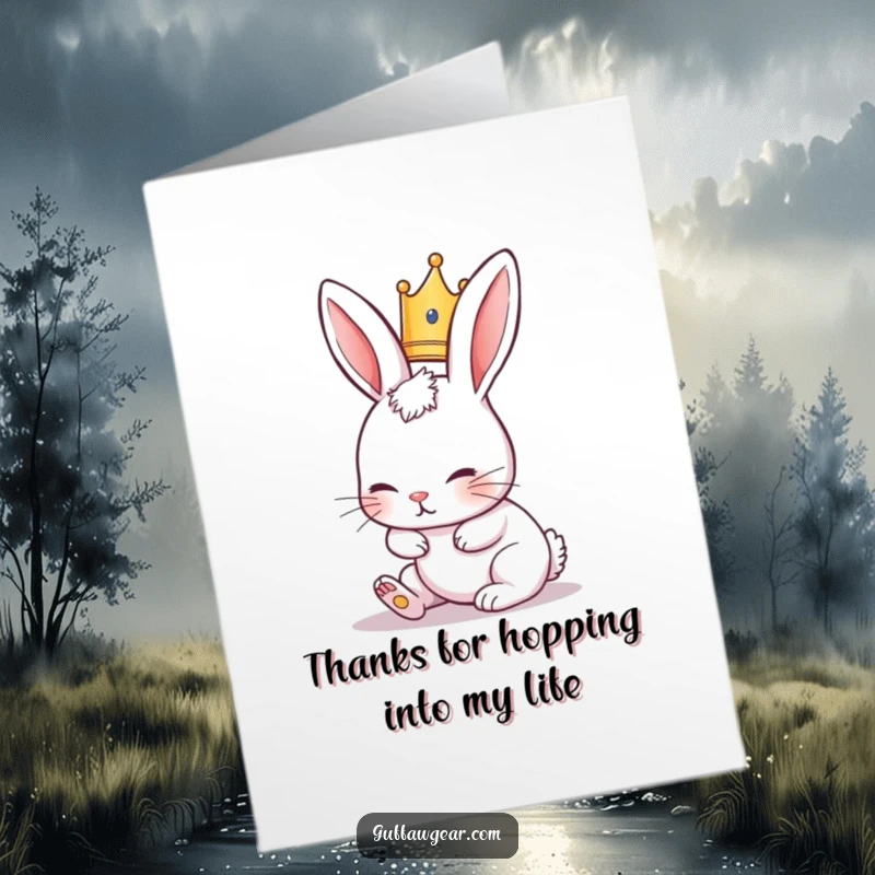 Funny free printable thank you card featuring a crowned rabbit hilariously tripping over its ears, expressing thanks with charm.