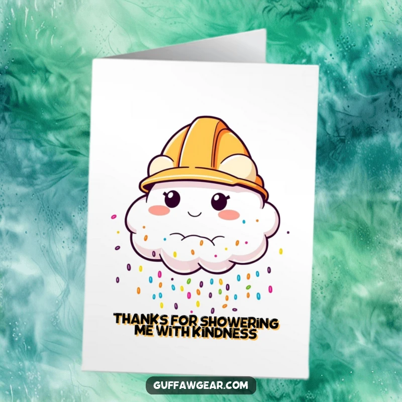 Funny Free Printable Thank You Card: A cloud with a construction helmet raining colorful sprinkles, sending sweet thanks.