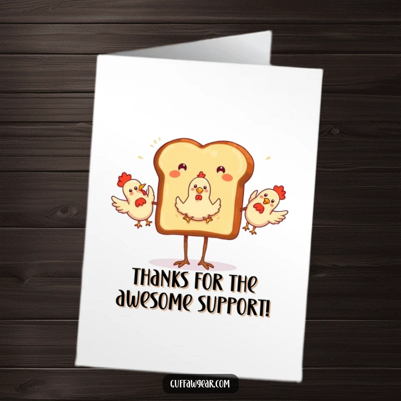 Funny Free Printable Thank You Card: A slice of toast with legs gleefully juggling three rubber chickens, offering thanks.