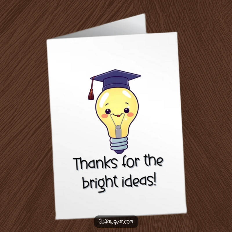 Funny Free Printable Thank You Card: Proud Kawaii lightbulb wearing a graduation cap thanks you for a bright idea.