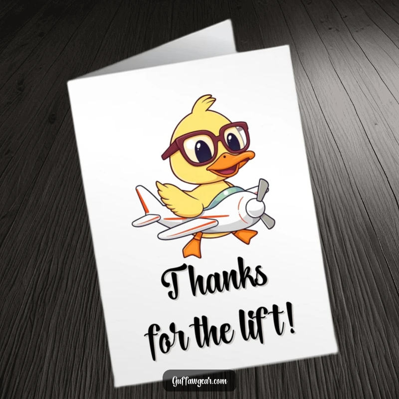 Funny free printable thank you card: A duck pilot wearing glasses struggles in a tiny plane, expressing thanks.