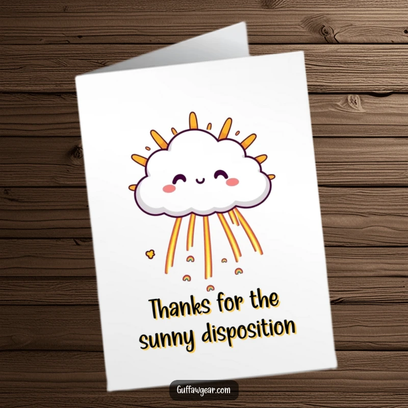 Funny Free Printable Thanks Card: Happy cloud character showering tiny rainbows onto a grumpy sun, a colorful token of thanks.