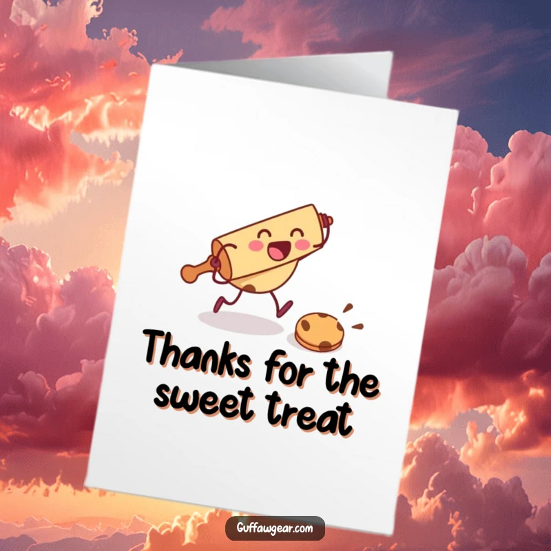 Funny Free Printable Thank You Card: A rolling pin character comically chases a fleeing cookie, offering a unique thank you.