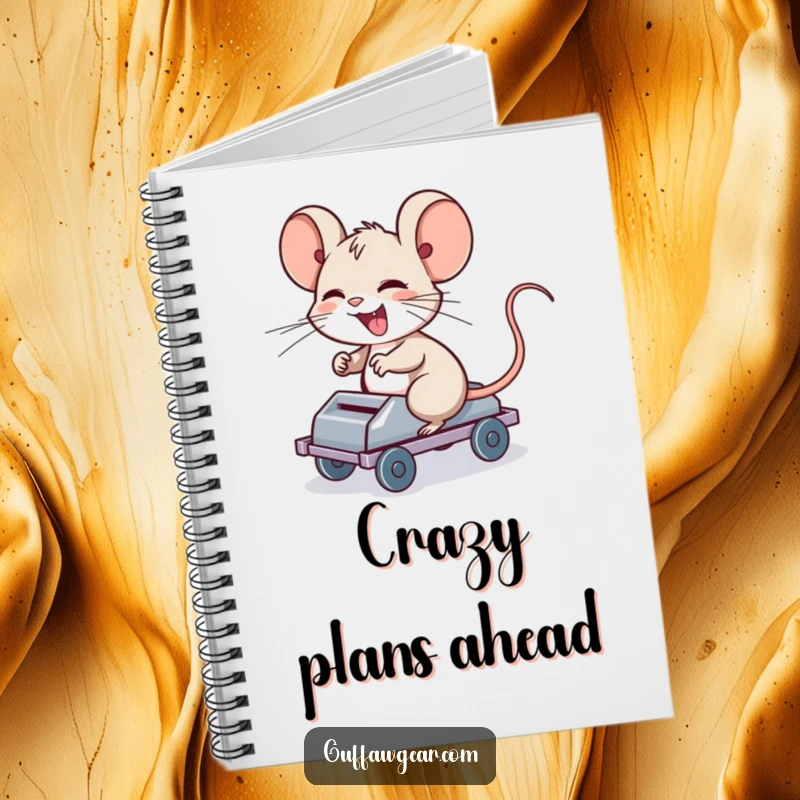 Funny Computer Mouse Notebook: A giggling computer mouse riding a rolling mouse trap, ideal for jotting down ideas.