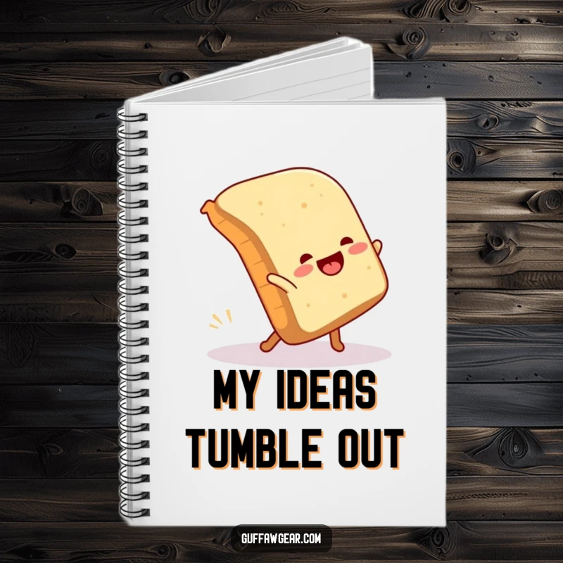 Funny notebook cover art of a loaf of bread joyfully attempting a cartwheel and humorously falling, a comical way to take notes.