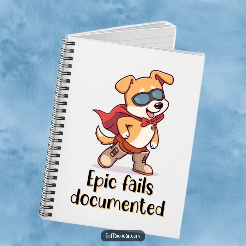 Funny Dog Superhero Notebook: A humorous scene of a dog in a cape tripping over oversized boots on the cover.