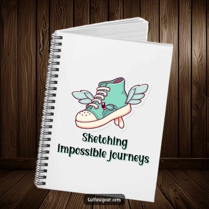 Funny shoe character with mismatched wings comically attempting flight on a notebook, designed for jotting down ambitious plans.