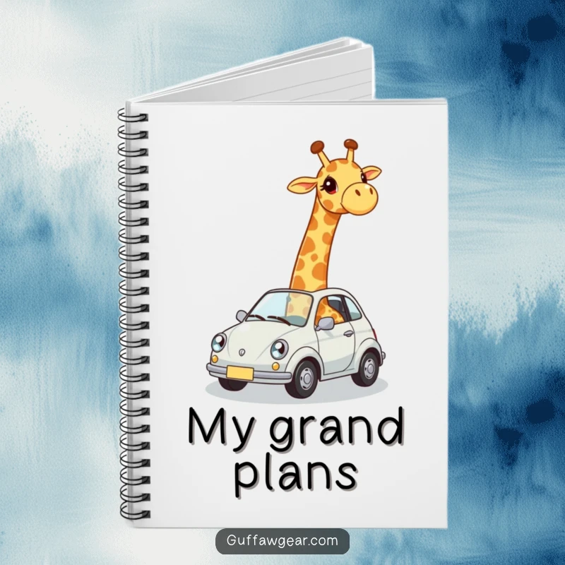 Funny notebook depicting a giraffe awkwardly squeezed into a small car, perfect for note-taking with humorous inspiration.