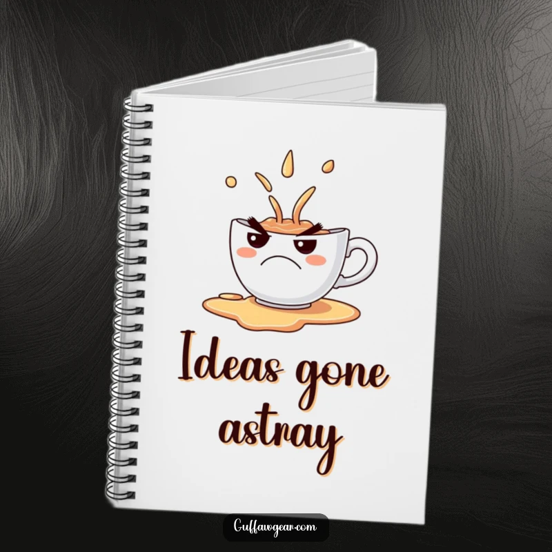 Funny Notebook with a grumpy teacup spilling its contents and a comical frown, great for journaling.