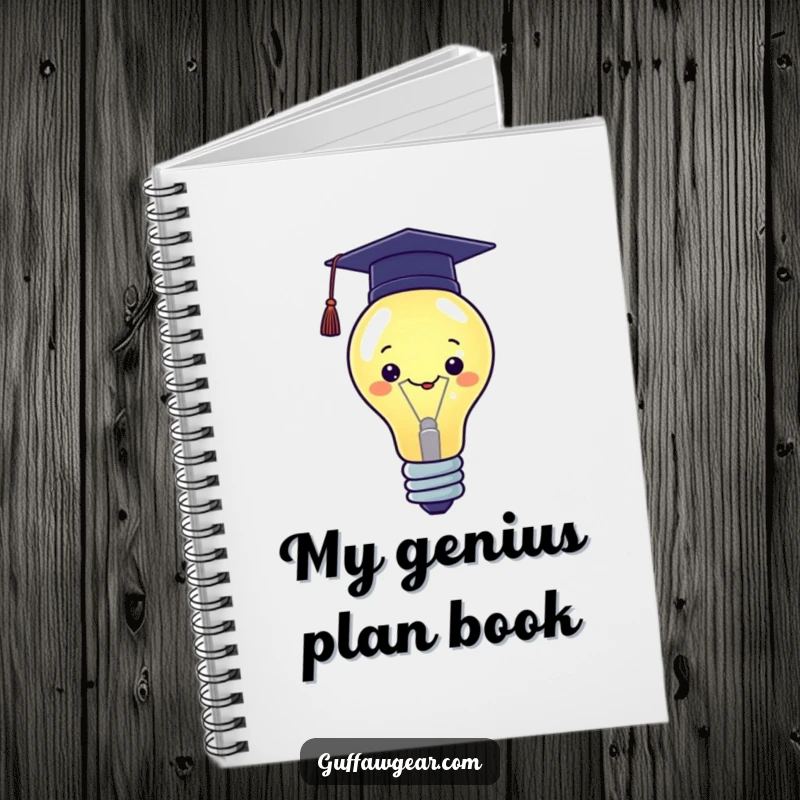 Funny Kawaii notebook with a proud lightbulb character wearing a graduation cap, perfect for writing and ideas.