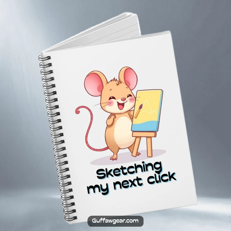 Funny Kawaii computer mouse painting a masterpiece, a humorous notebook for sketching and writing.