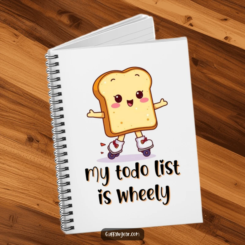 Funny Kawaii toast wearing roller skates attempting a spin, a humorous notebook for writing and drawing.