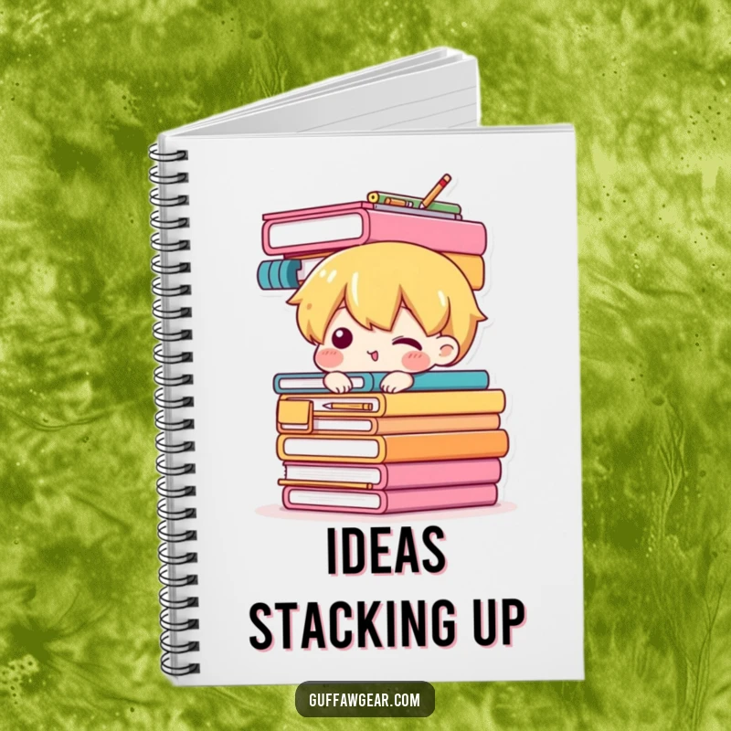 Funny notebook cover with a character attempting to balance a towering stack of office supplies, a humorous design for note-taking and planning.