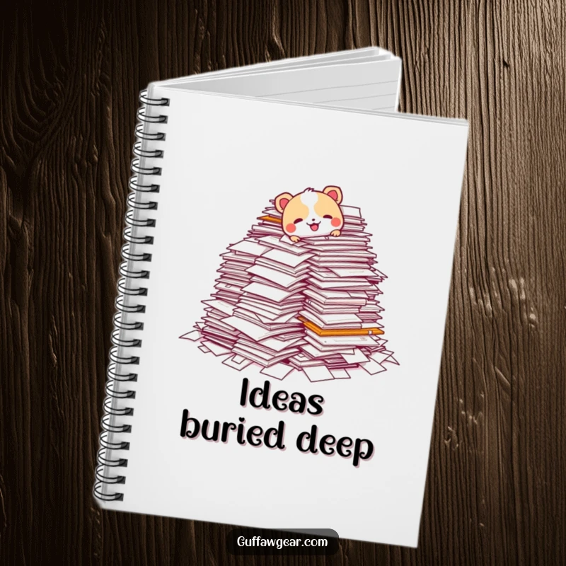 Funny notebook cover with an animal character tripping over a huge pile of paperwork, a humorous design for jotting down ideas and to-do lists.